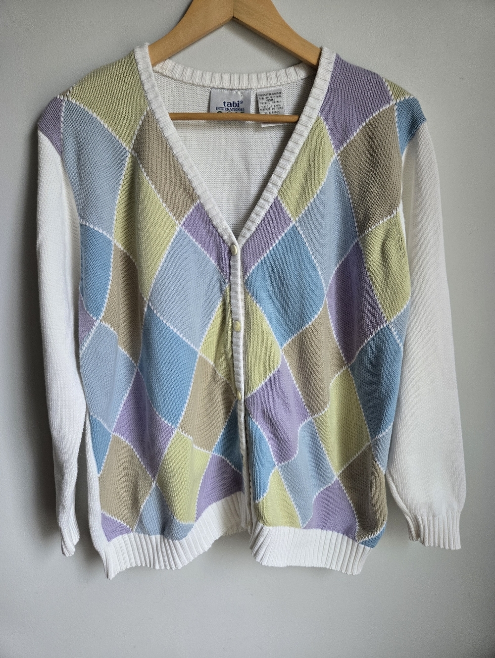 TABI Vintage Golf Pastel Argyle V-Neck Button Cardigan Cotton Sweater